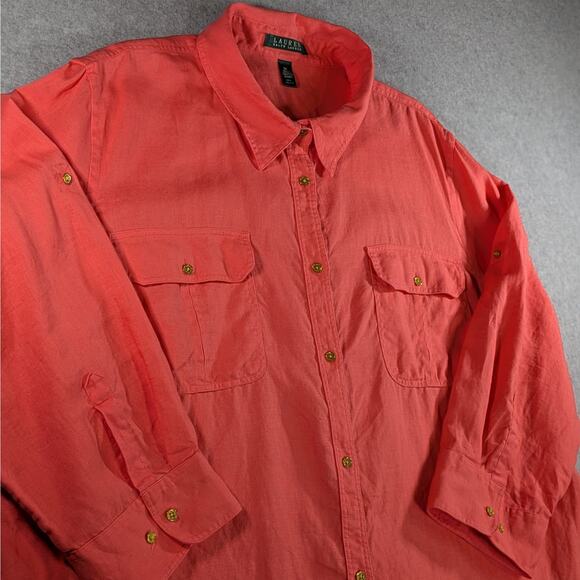 Lauren Ralph Lauren 3X Salmon Pink 100% Linen Button Up Shirt Long Sleeve Women - Picture 4 of 11